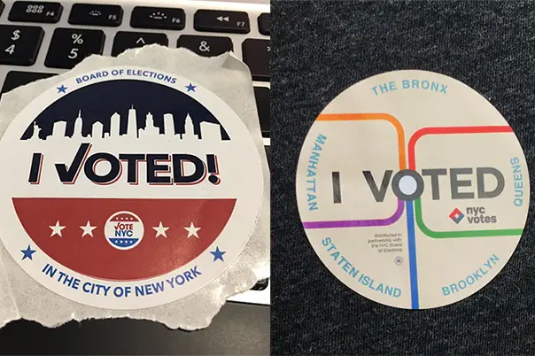 The new "I Voted" sticker on the left